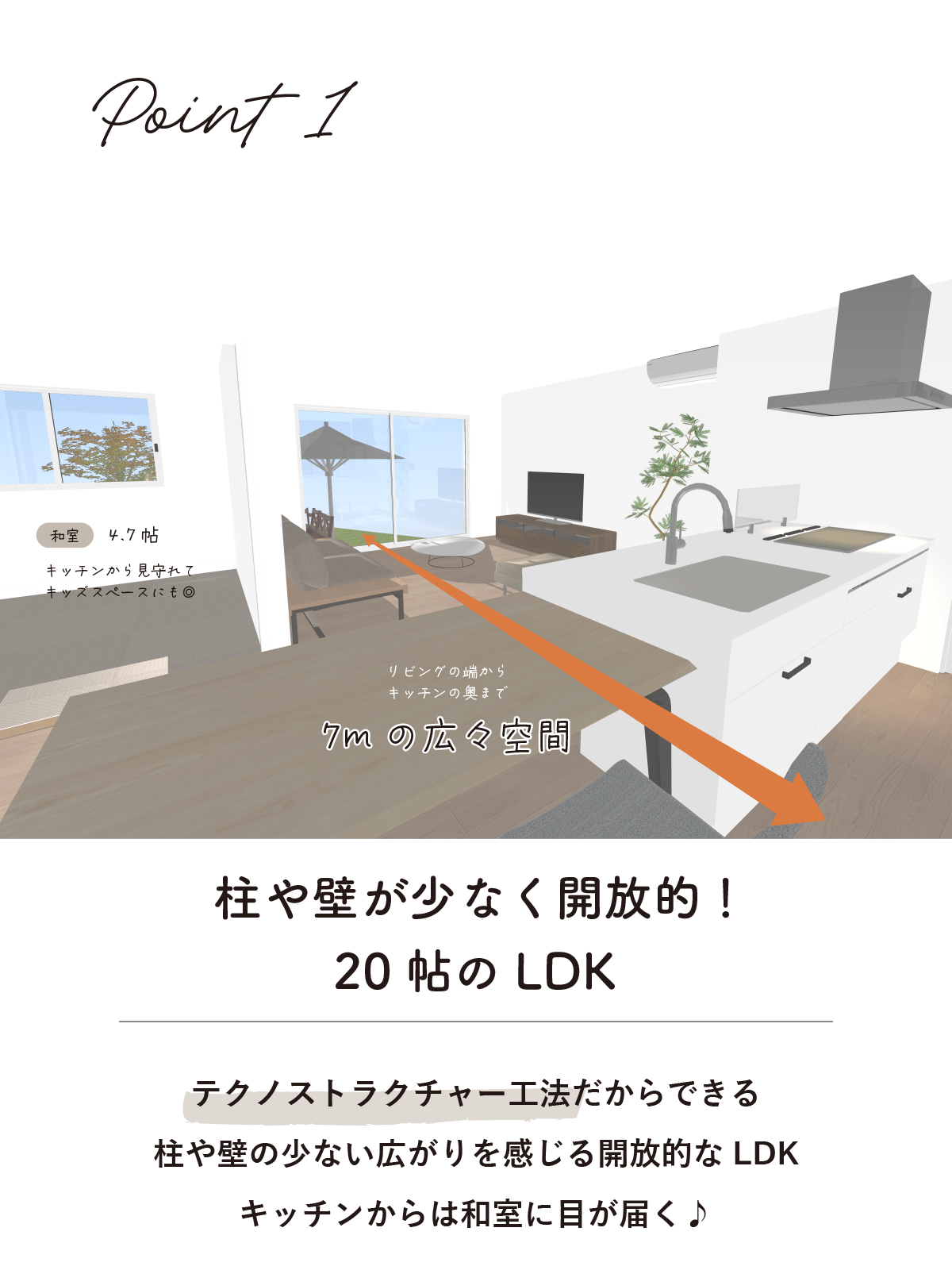 柱や壁が少なく開放的な20帖のLDK